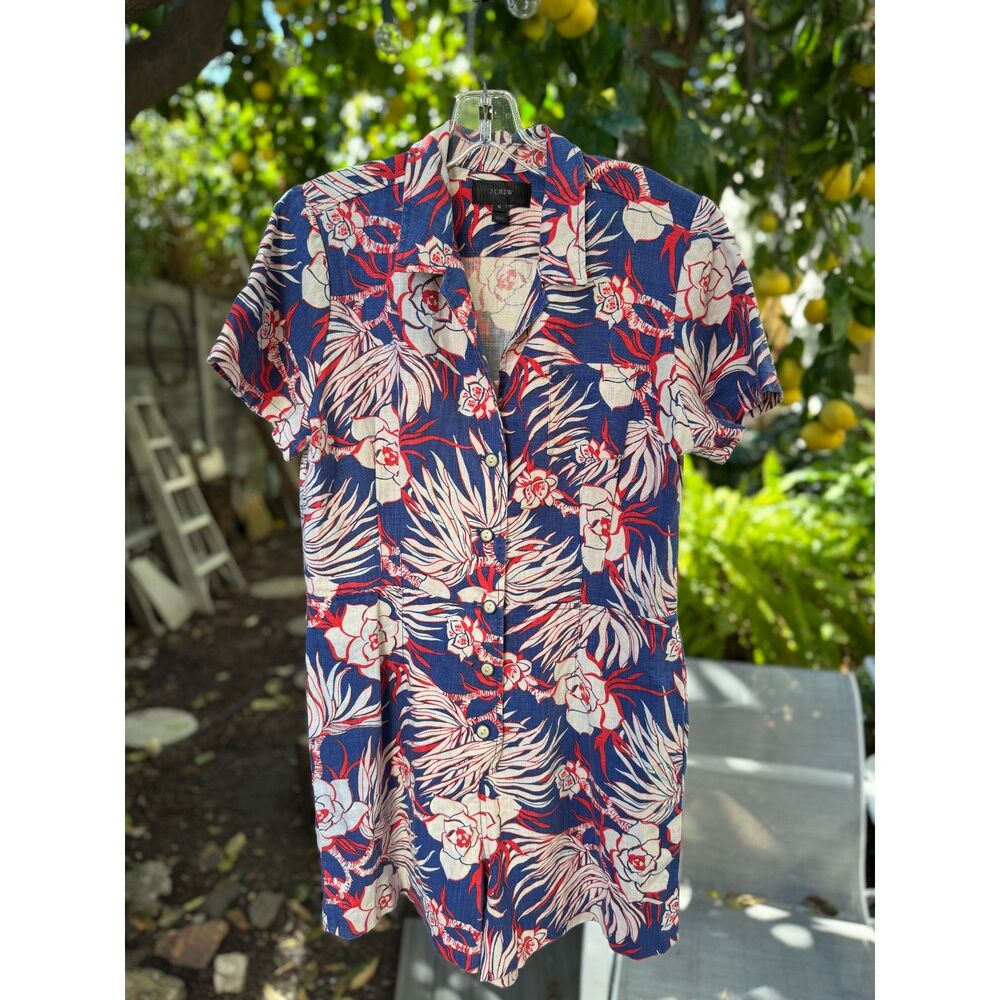J.Crew Retro Tropical Red White Blu Floral Short Sleeve Linen Blend Romper SZ 10